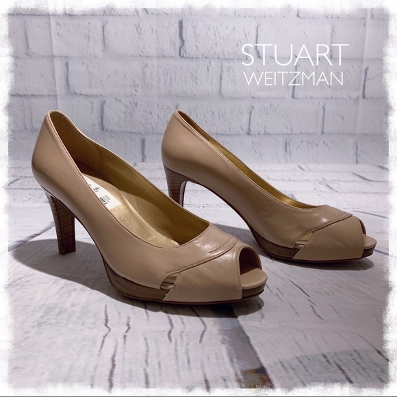 Stuart WEITZMAN Overit Nude Leather Peep Toe Pumps - Picture 2 of 8